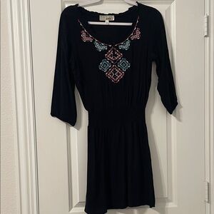 Derek Heart Black Mini Dress with Teal & Pink Embroidery